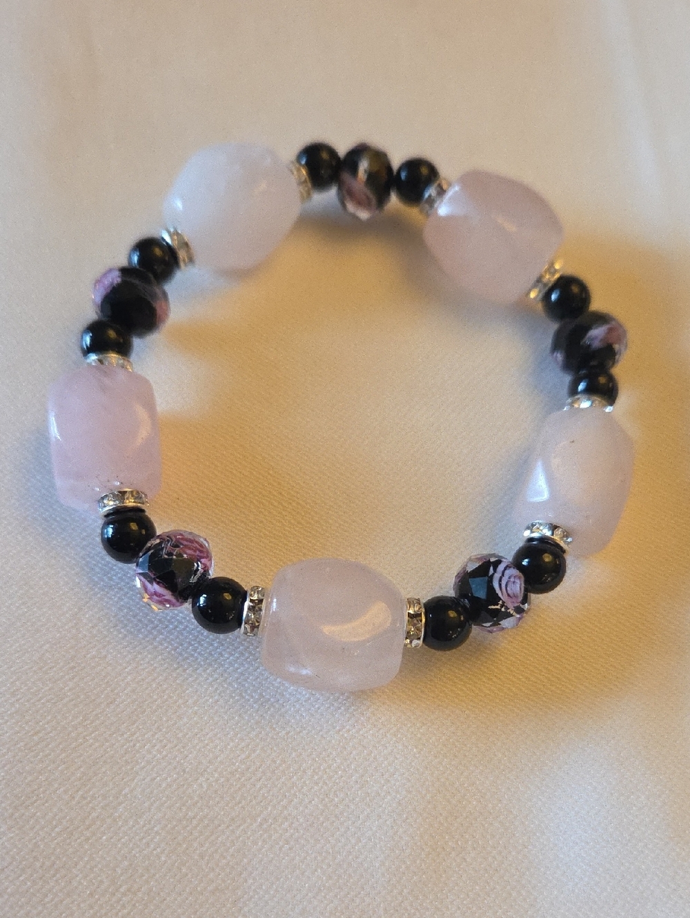 Rose Quartz and Black Bead Stretch Bracelet - Women Jewelry